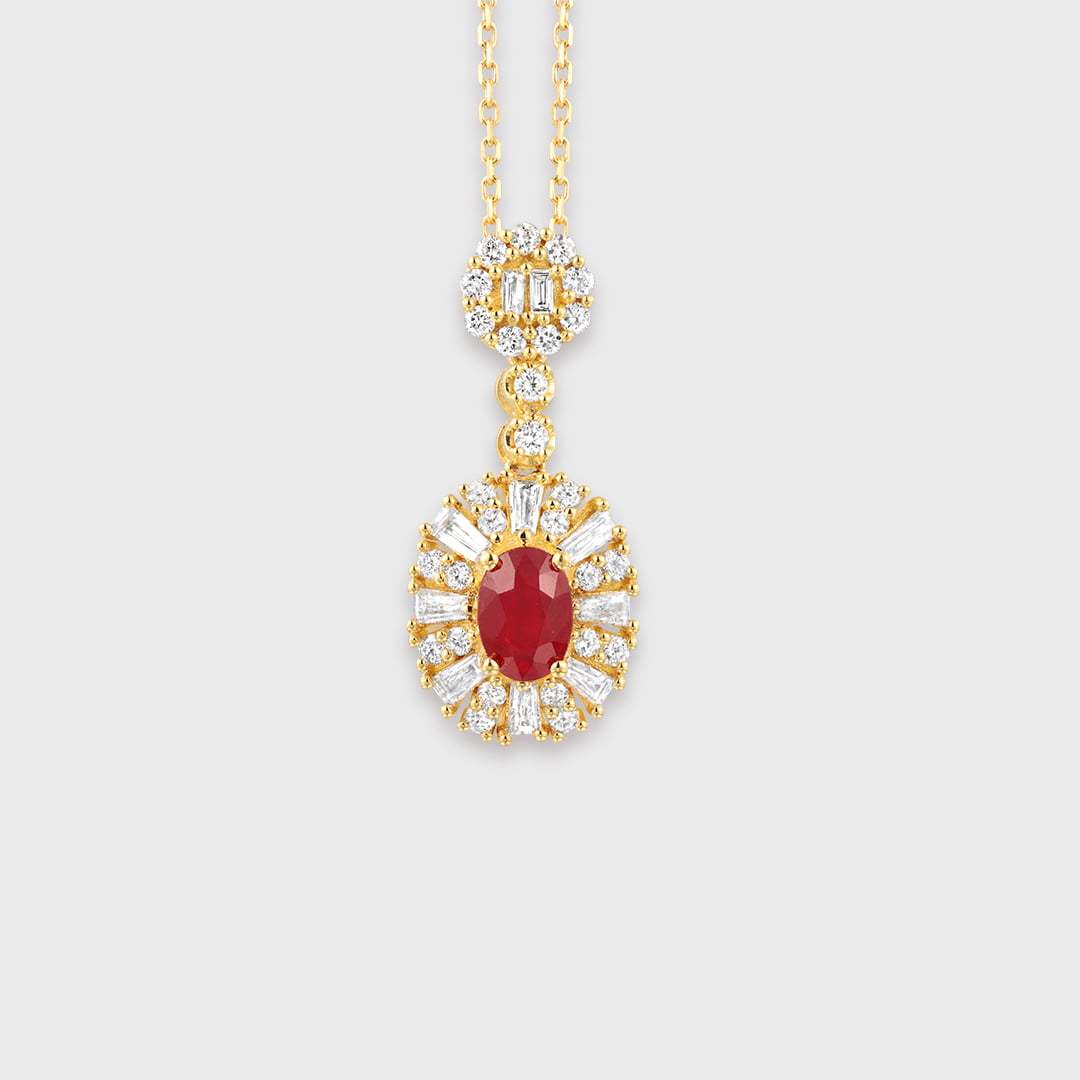 18K Yellow Gold Oval Ruby Necklace Unique Diamond Pendan 18k Solid Yellow - White - Rose Minimal Gold Dainty Necklace for Women