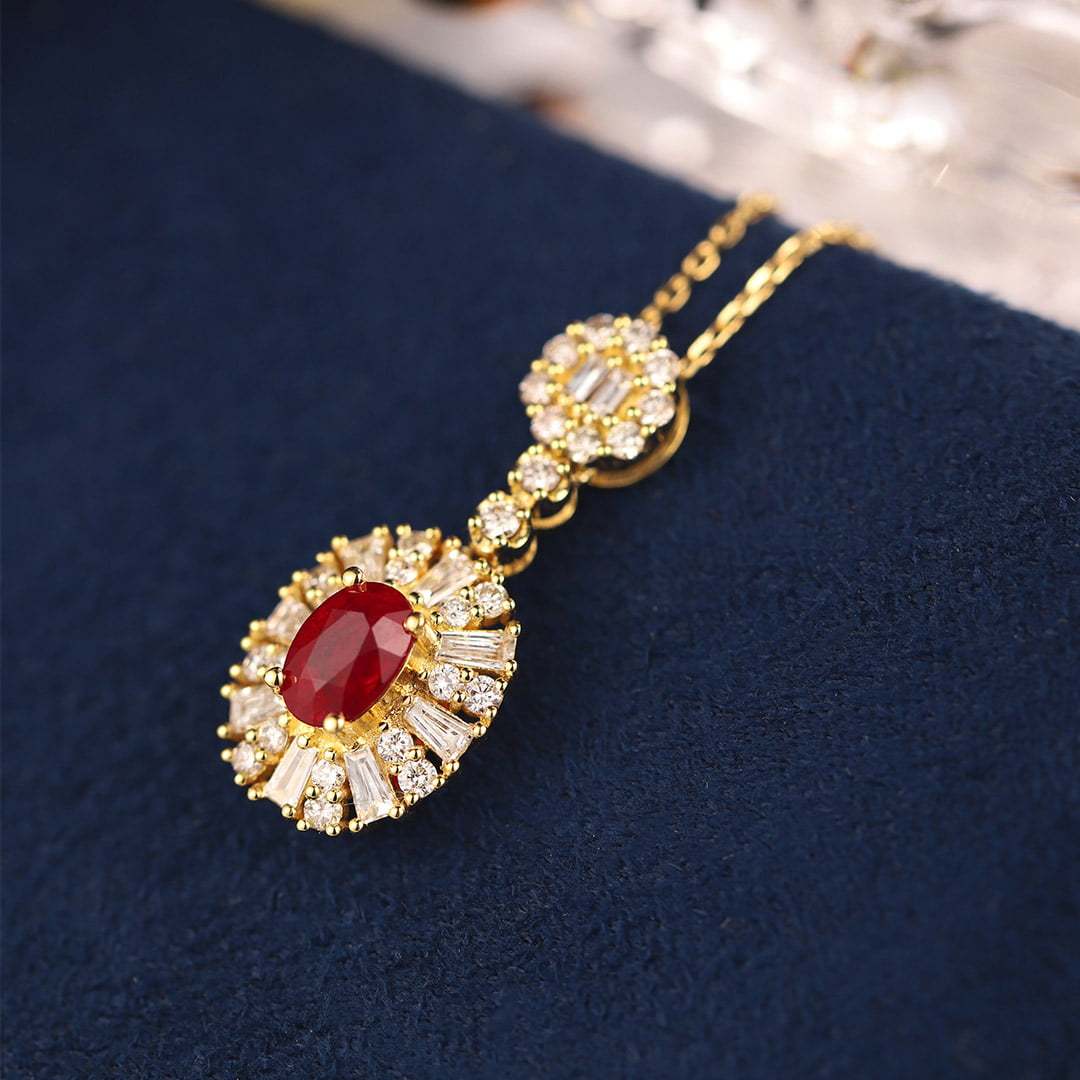 18K Yellow Gold Oval Ruby Necklace Unique Diamond Pendan 18k Solid Yellow - White - Rose Minimal Gold Dainty Necklace for Women