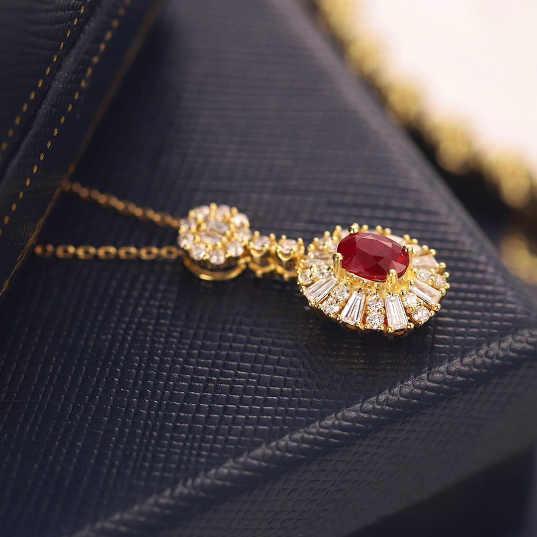 18K Yellow Gold Oval Ruby Necklace Unique Diamond Pendan 18k Solid Yellow - White - Rose Minimal Gold Dainty Necklace for Women