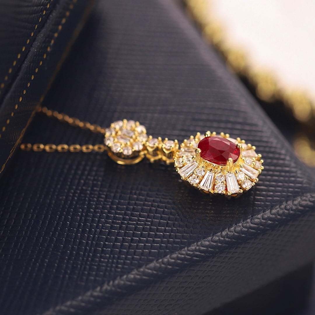18K Yellow Gold Oval Ruby Necklace Unique Diamond Pendan 18k Solid Yellow - White - Rose Minimal Gold Dainty Necklace for Women