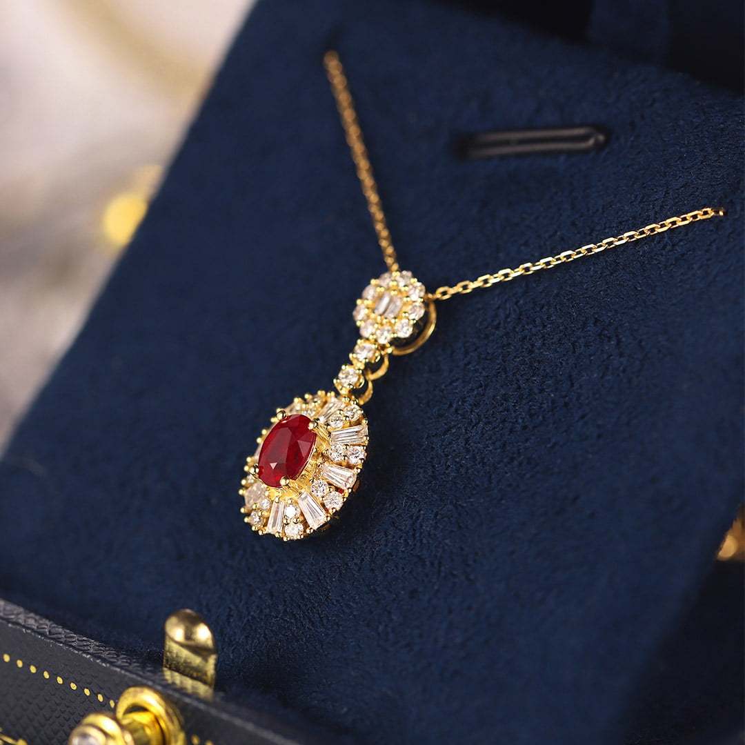 18K Yellow Gold Oval Ruby Necklace Unique Diamond Pendan 18k Solid Yellow - White - Rose Minimal Gold Dainty Necklace for Women
