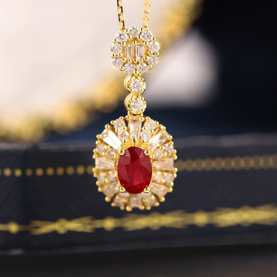 18K Yellow Gold Oval Ruby Necklace Unique Diamond Pendan 18k Solid Yellow - White - Rose Minimal Gold Dainty Necklace for Women
