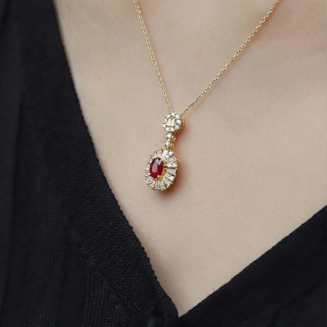 18K Yellow Gold Oval Ruby Necklace Unique Diamond Pendan 18k Solid Yellow - White - Rose Minimal Gold Dainty Necklace for Women