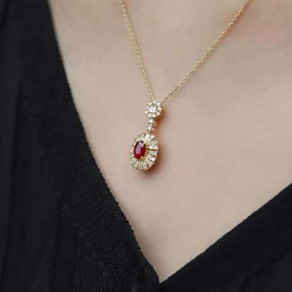 18K Yellow Gold Oval Ruby Necklace Unique Diamond Pendan 18k Solid Yellow - White - Rose Minimal Gold Dainty Necklace for Women