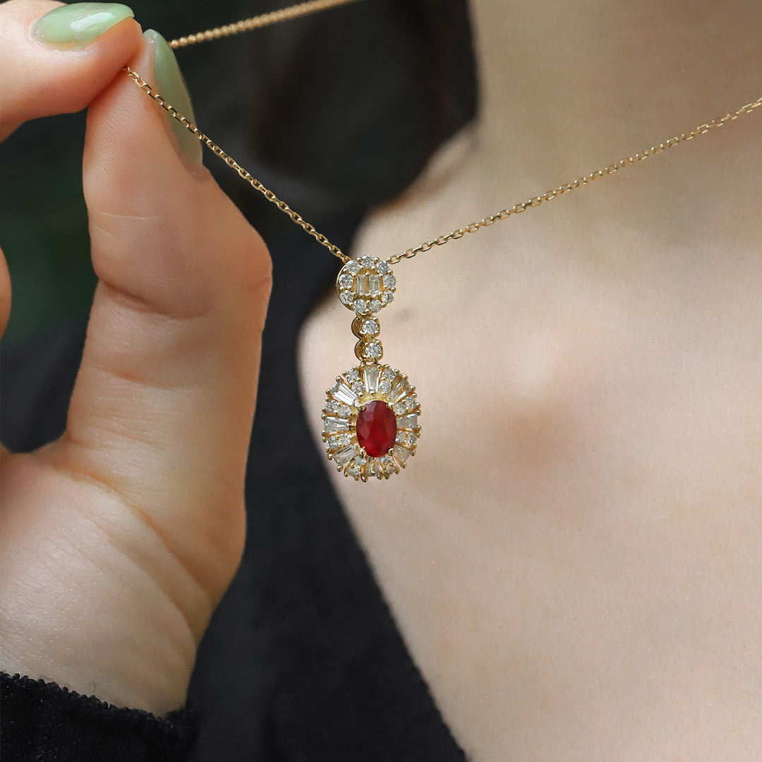 18K Yellow Gold Oval Ruby Necklace Unique Diamond Pendan 18k Solid Yellow - White - Rose Minimal Gold Dainty Necklace for Women
