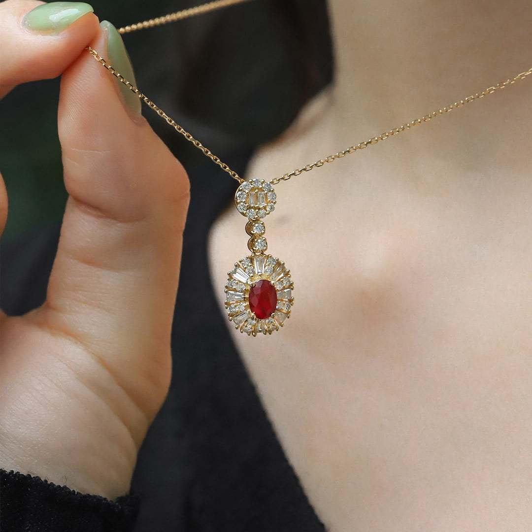 18K Yellow Gold Oval Ruby Necklace Unique Diamond Pendan 18k Solid Yellow - White - Rose Minimal Gold Dainty Necklace for Women