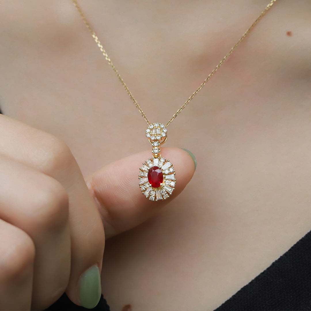 18K Yellow Gold Oval Ruby Necklace Unique Diamond Pendan 18k Solid Yellow - White - Rose Minimal Gold Dainty Necklace for Women