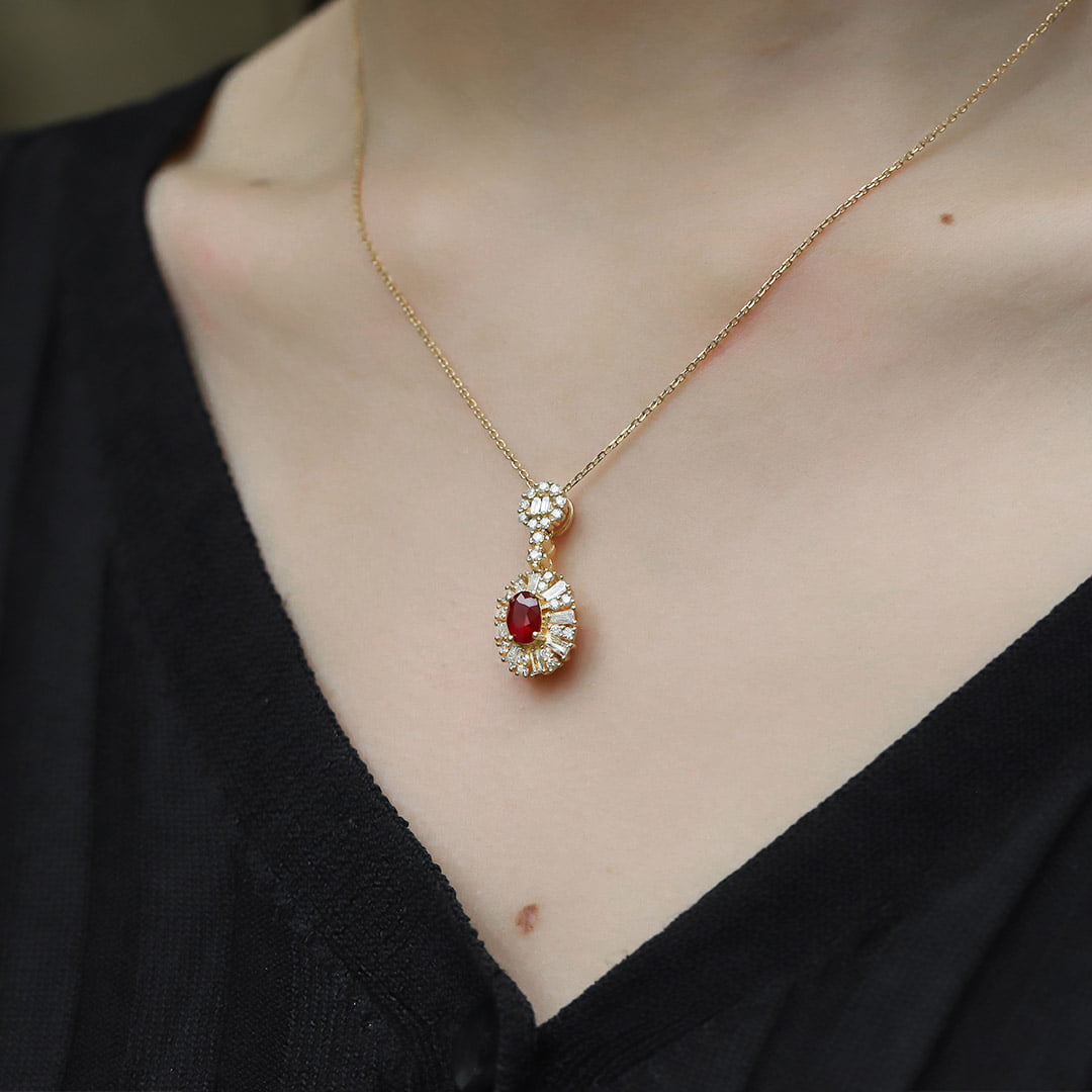 18K Yellow Gold Oval Ruby Necklace Unique Diamond Pendan 18k Solid Yellow - White - Rose Minimal Gold Dainty Necklace for Women