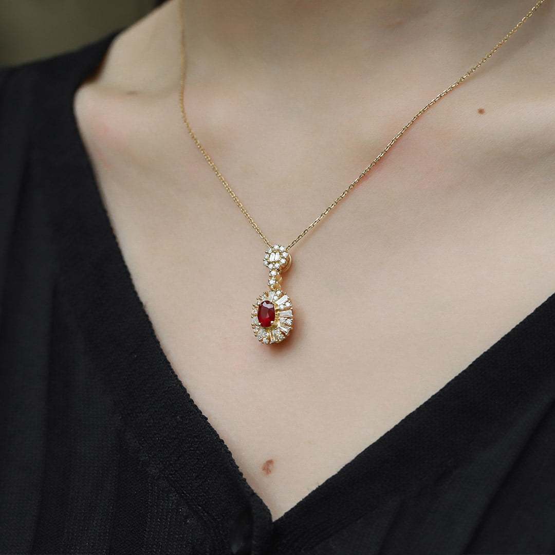 18K Yellow Gold Oval Ruby Necklace Unique Diamond Pendan 18k Solid Yellow - White - Rose Minimal Gold Dainty Necklace for Women