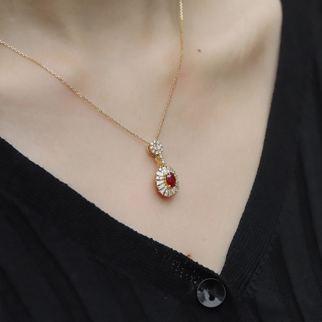 18K Yellow Gold Oval Ruby Necklace Unique Diamond Pendan 18k Solid Yellow - White - Rose Minimal Gold Dainty Necklace for Women