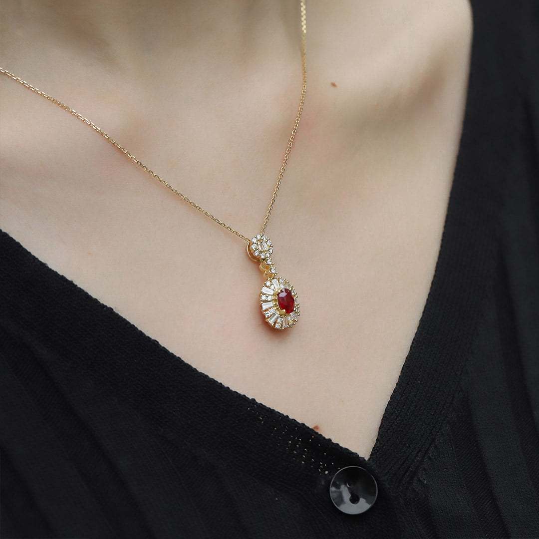 18K Yellow Gold Oval Ruby Necklace Unique Diamond Pendan 18k Solid Yellow - White - Rose Minimal Gold Dainty Necklace for Women