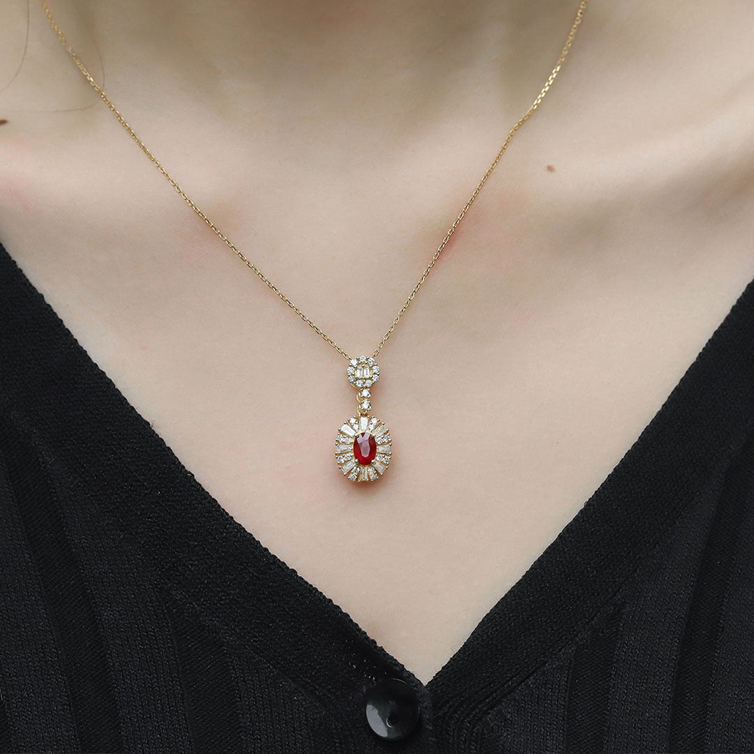 18K Yellow Gold Oval Ruby Necklace Unique Diamond Pendan 18k Solid Yellow - White - Rose Minimal Gold Dainty Necklace for Women