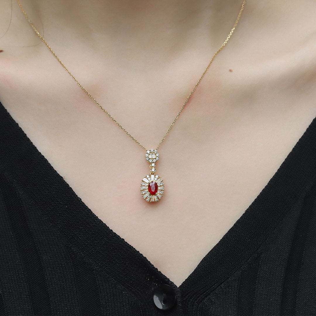 18K Yellow Gold Oval Ruby Necklace Unique Diamond Pendan 18k Solid Yellow - White - Rose Minimal Gold Dainty Necklace for Women