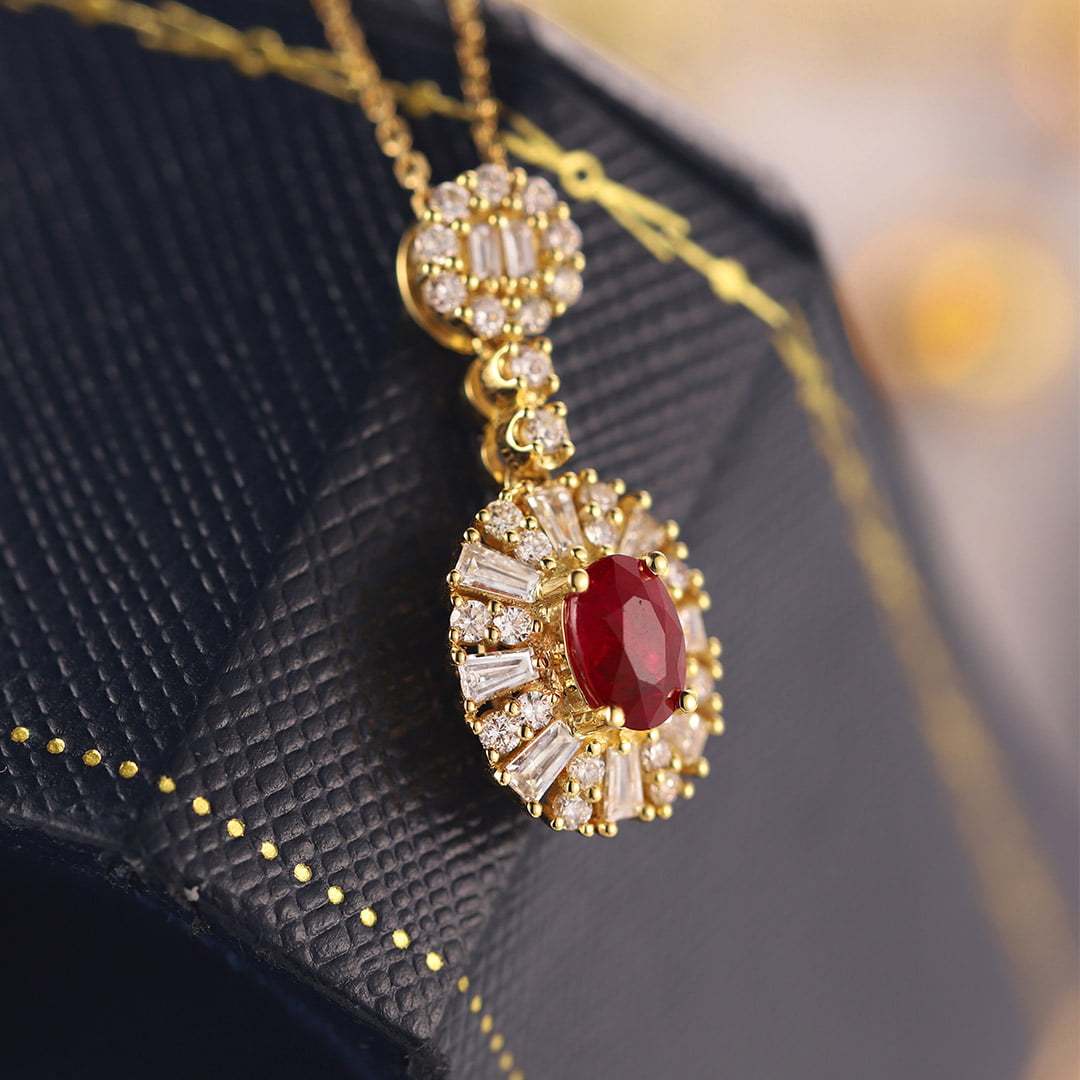 18K Yellow Gold Oval Ruby Necklace Unique Diamond Pendan 18k Solid Yellow - White - Rose Minimal Gold Dainty Necklace for Women