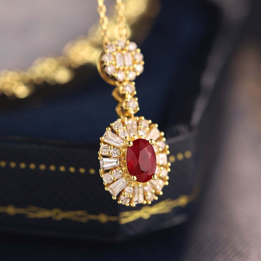 18K Yellow Gold Oval Ruby Necklace Unique Diamond Pendan 18k Solid Yellow - White - Rose Minimal Gold Dainty Necklace for Women
