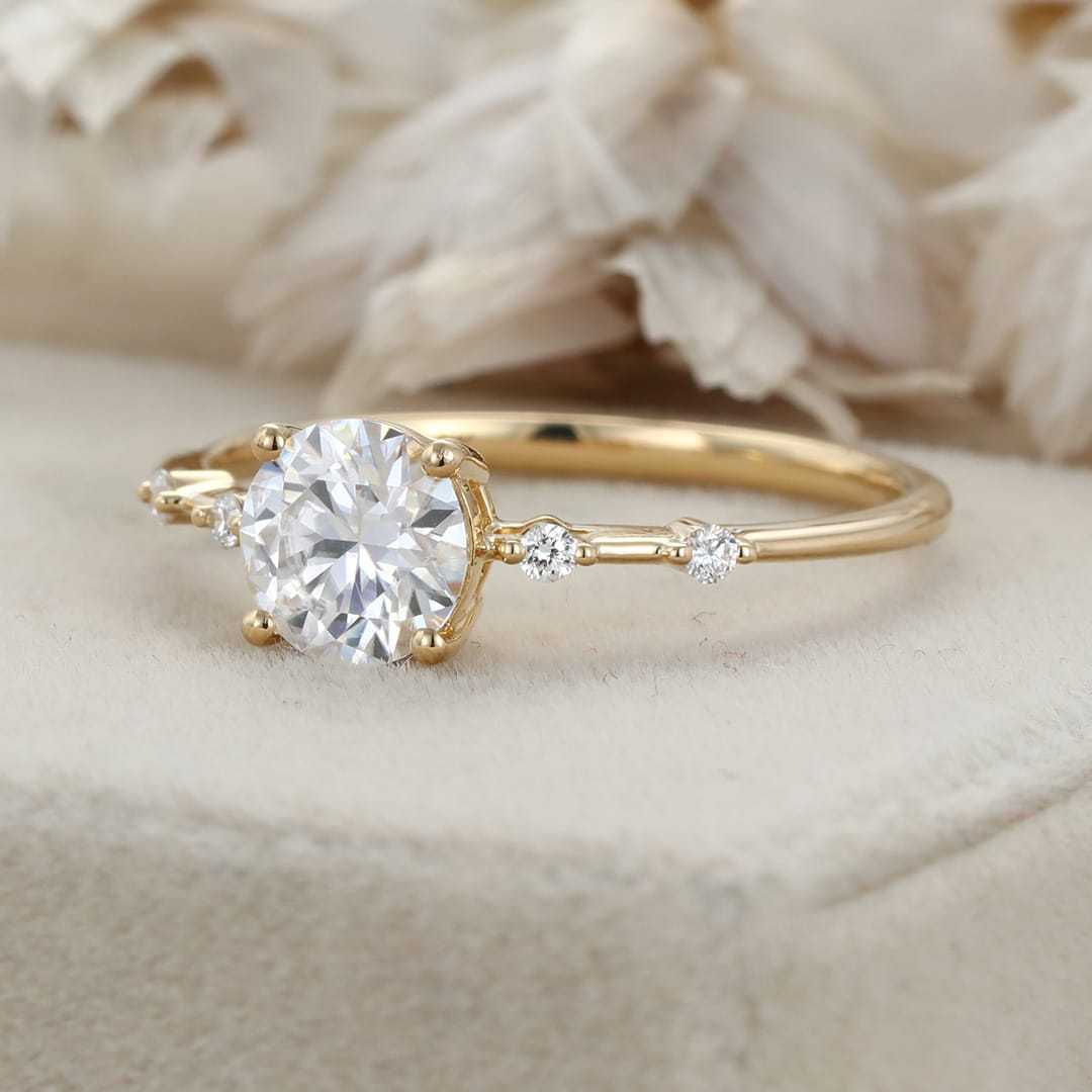 1CT Round cut Moissanite Engagement Ring Vintage Solid Yellow gold engagement ring Lab grown diamond ring Bridal wedding Anniversary gift