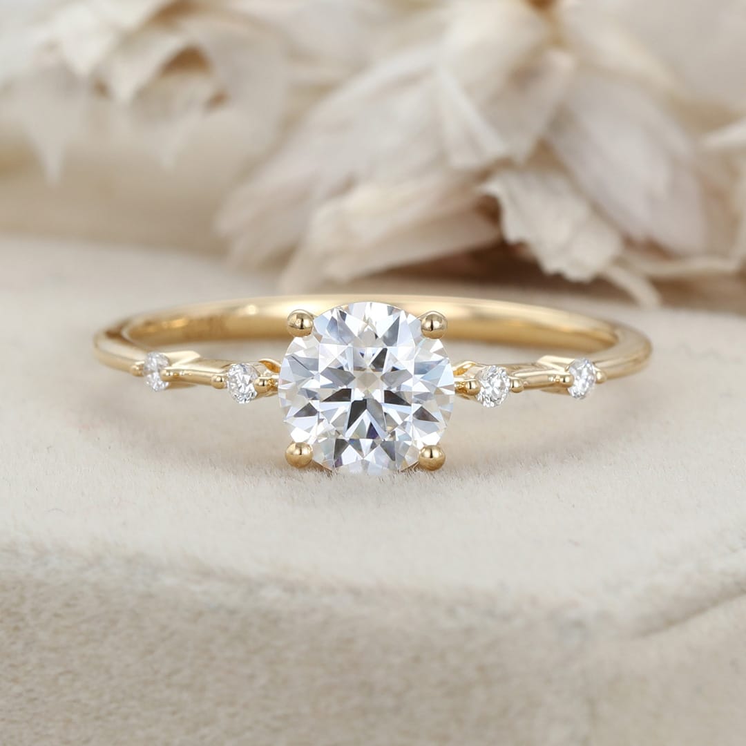 1CT Round cut Moissanite Engagement Ring Vintage Solid Yellow gold engagement ring Lab grown diamond ring Bridal wedding Anniversary gift