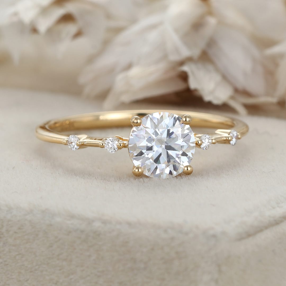 1CT Round cut Moissanite Engagement Ring Vintage Solid Yellow gold engagement ring Lab grown diamond ring Bridal wedding Anniversary gift