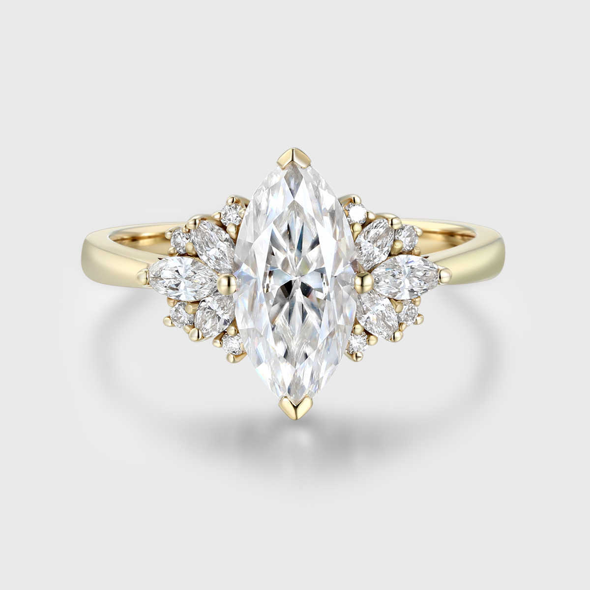 1 Carat Marquise Cut Moissanite Vintage Cluster Engagement Ring – 14K Yellow Gold Bridal Promise Ring