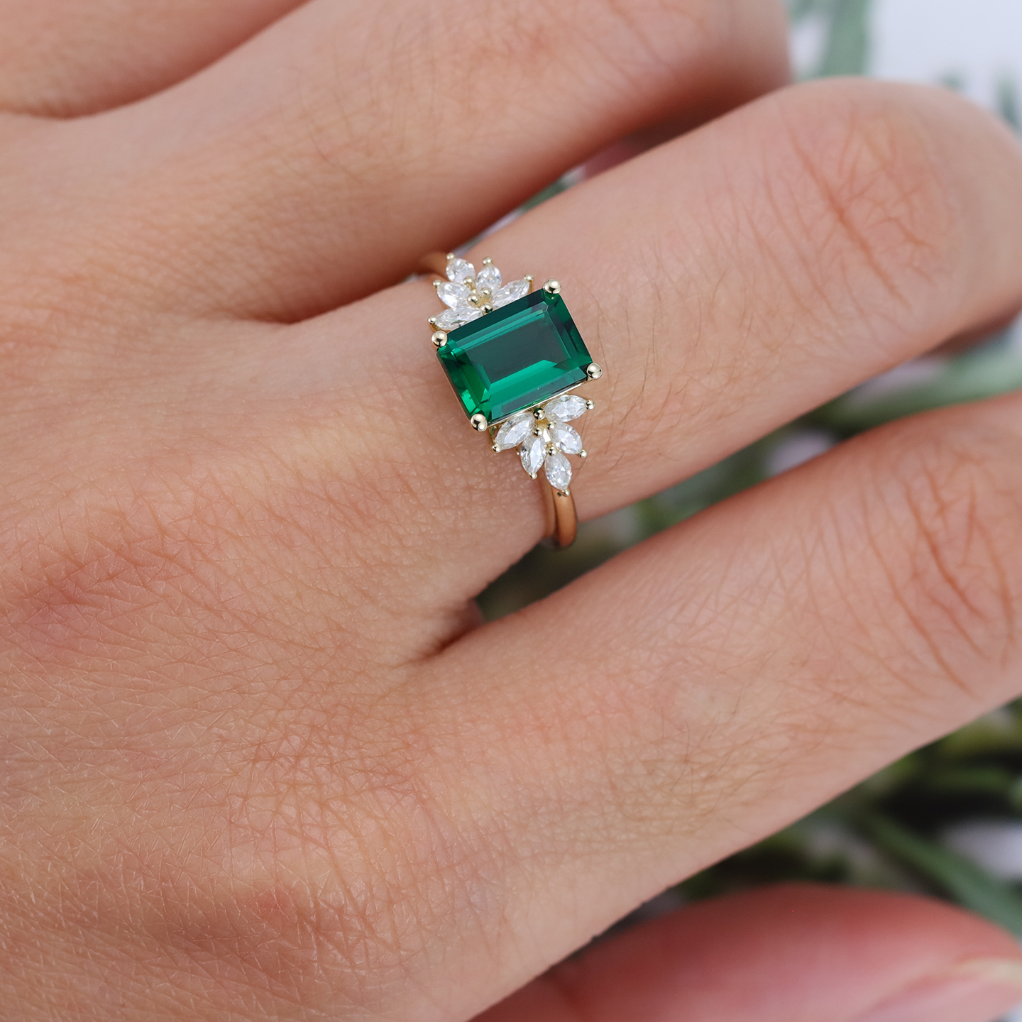 Emerald Cut Emerald and Diamond Engagement Ring – 14K Gold Vintage Promise & Anniversary Ring