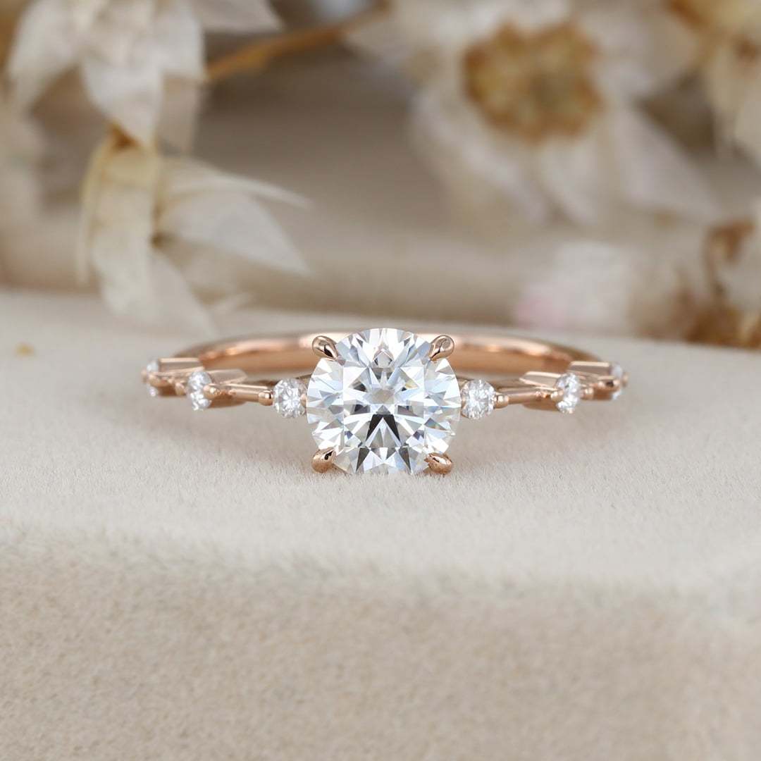 1 Carat Round Cut Moissanite Side Stone Ring Vintage In 14K Rose Gold