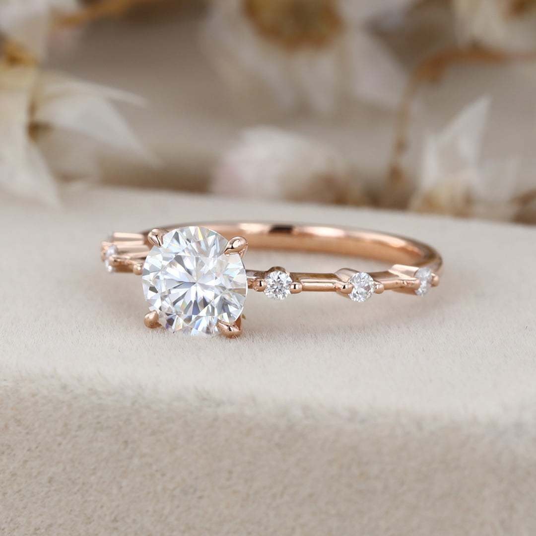 1 Carat Round Cut Moissanite Side Stone Ring Vintage In 14K Rose Gold