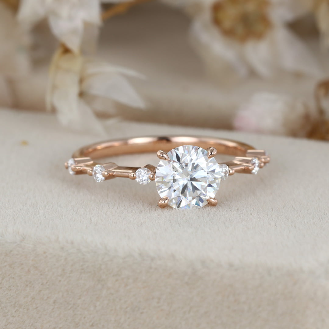 1 Carat Round Cut Moissanite Side Stone Ring Vintage In 14K Rose Gold