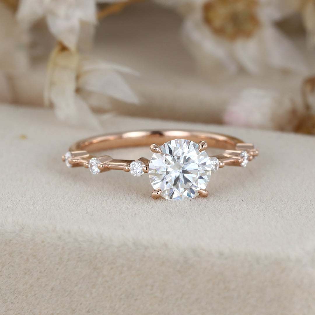 1 Carat Round Cut Moissanite Side Stone Ring Vintage In 14K Rose Gold
