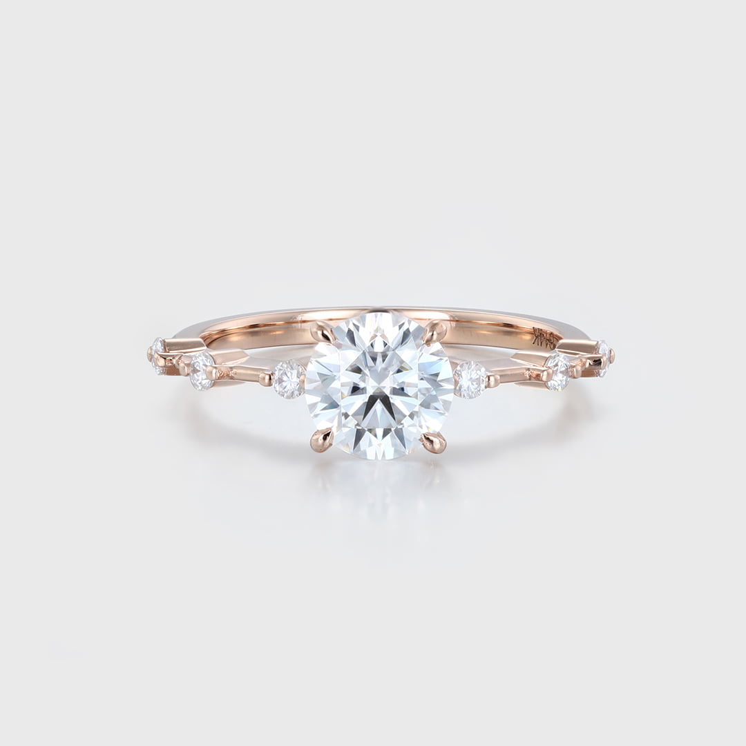 1CT Round Cut Moissanite Side Stones Engagement Ring Vintage In 14K Rose Gold