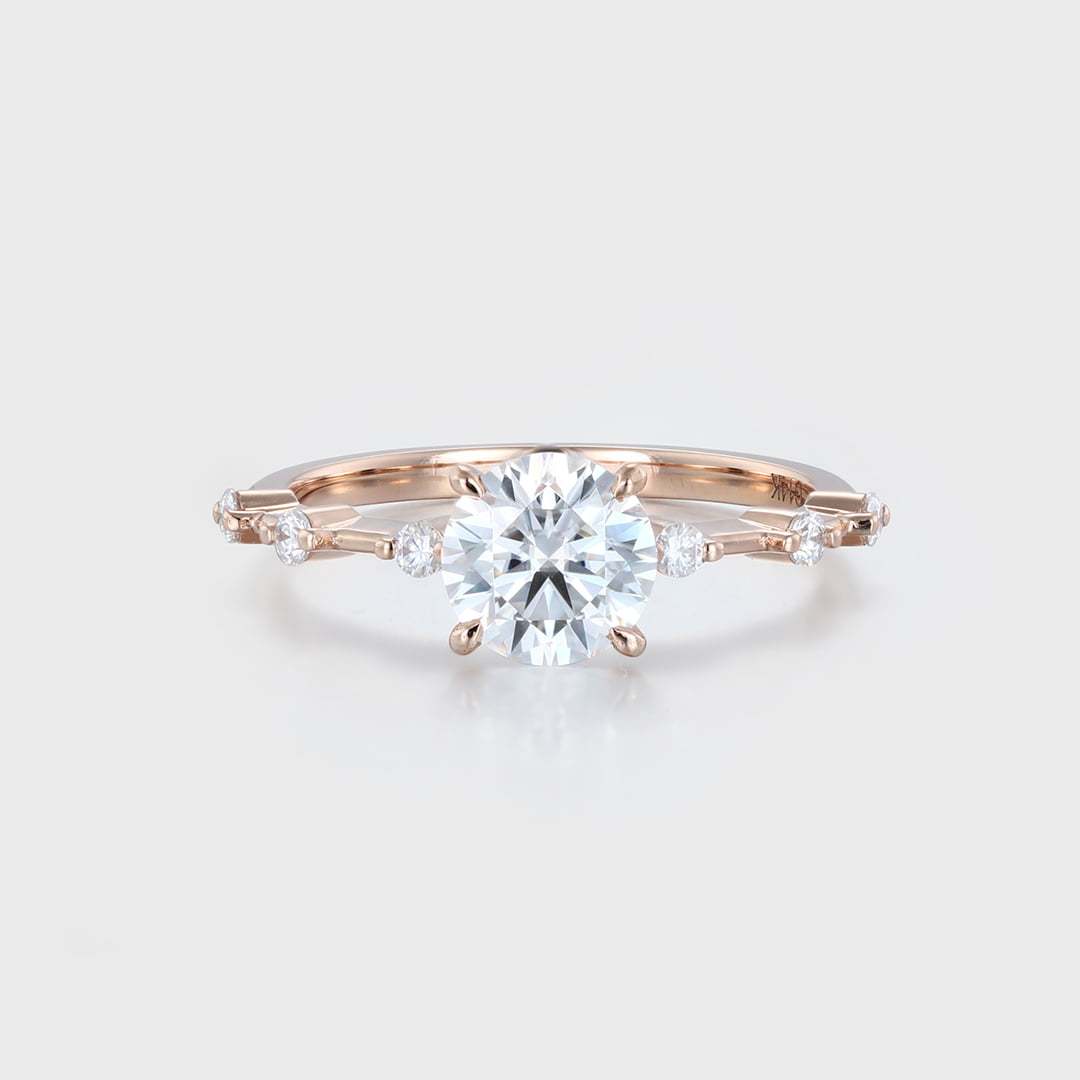 1CT Round Cut Moissanite Side Stones Engagement Ring Vintage In 14K Rose Gold