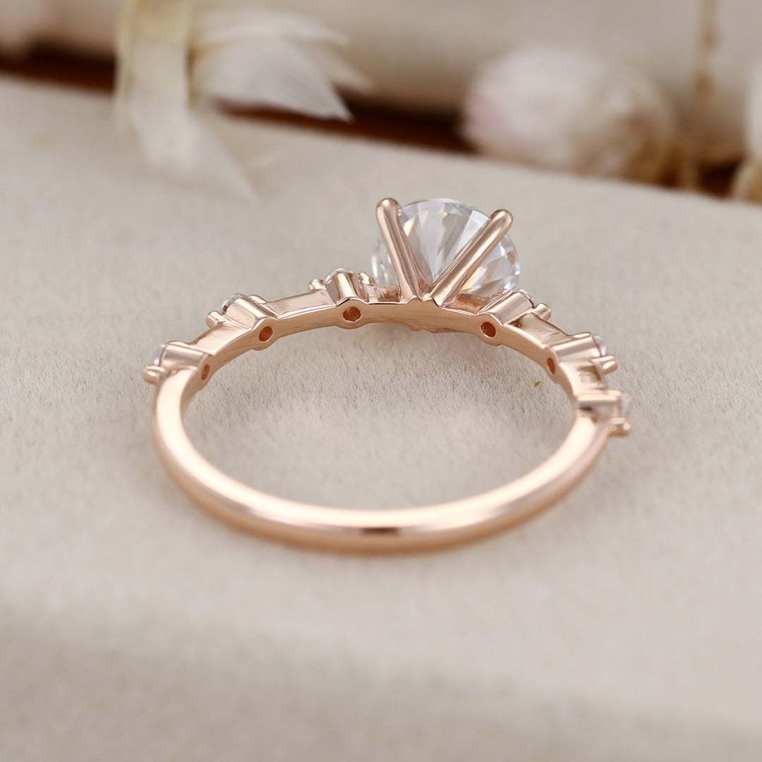 1 Carat Round Cut Moissanite Side Stone Ring Vintage In 14K Rose Gold