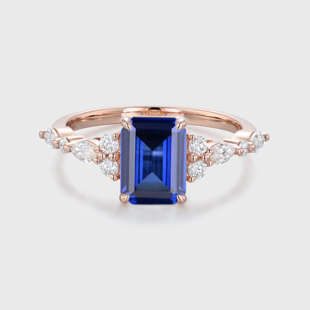 2 Carat Emerald Cut Lab Grown Sapphire Engagement Ring 14K Rose Gold