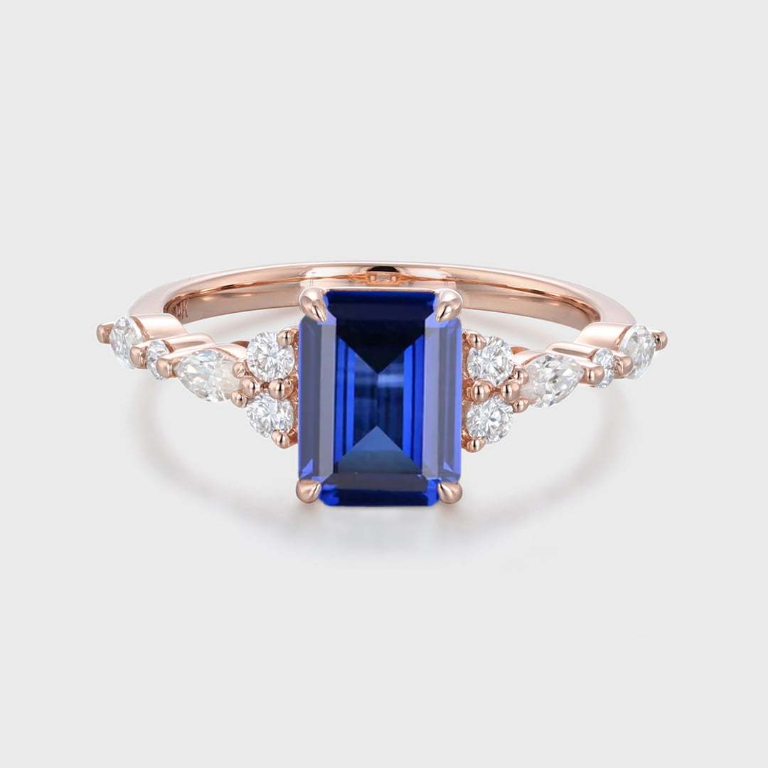 2 Carat Emerald Cut Lab Grown Sapphire Engagement Ring 14K Rose Gold
