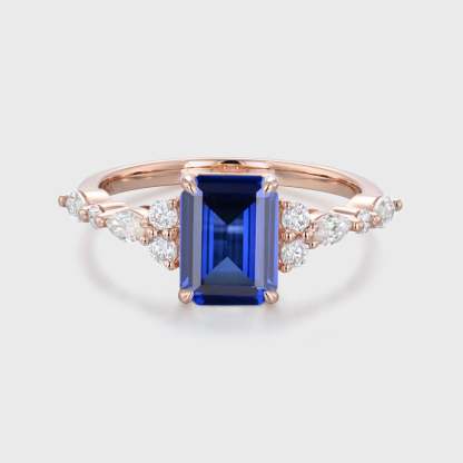 2 Carat Emerald Cut Lab Grown Sapphire Engagement Ring 14K Rose Gold