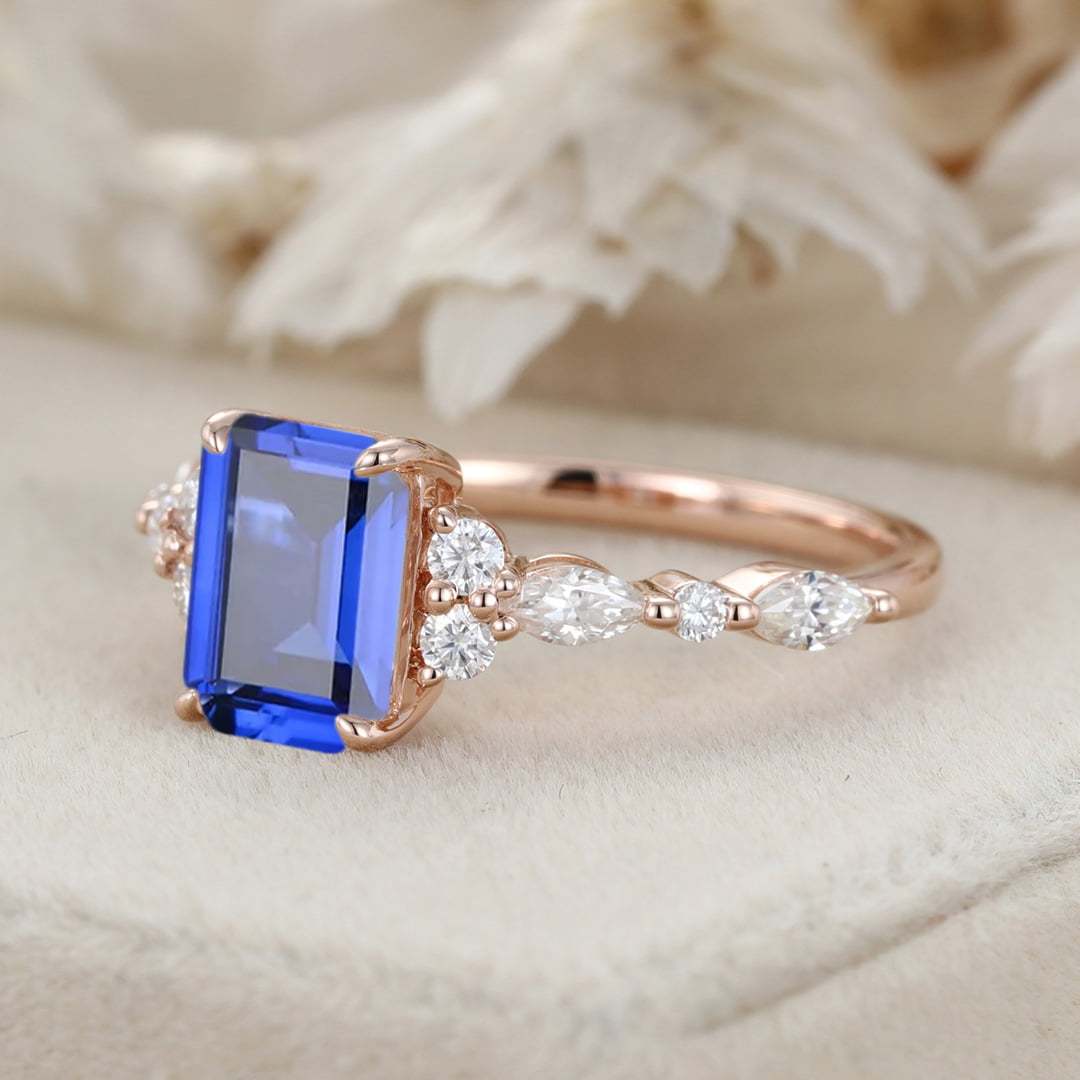 2.0CT Emerald Cut Lab Sapphire Engagement Ring 14K Rose Gold Diamond Cluster Ring Art Deco Bridal Promise Ring September Birthstone