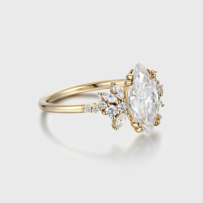 Marquise Moissanite Engagement Ring Unique Cluster Diamond Wedding Band 14K Yellow Gold