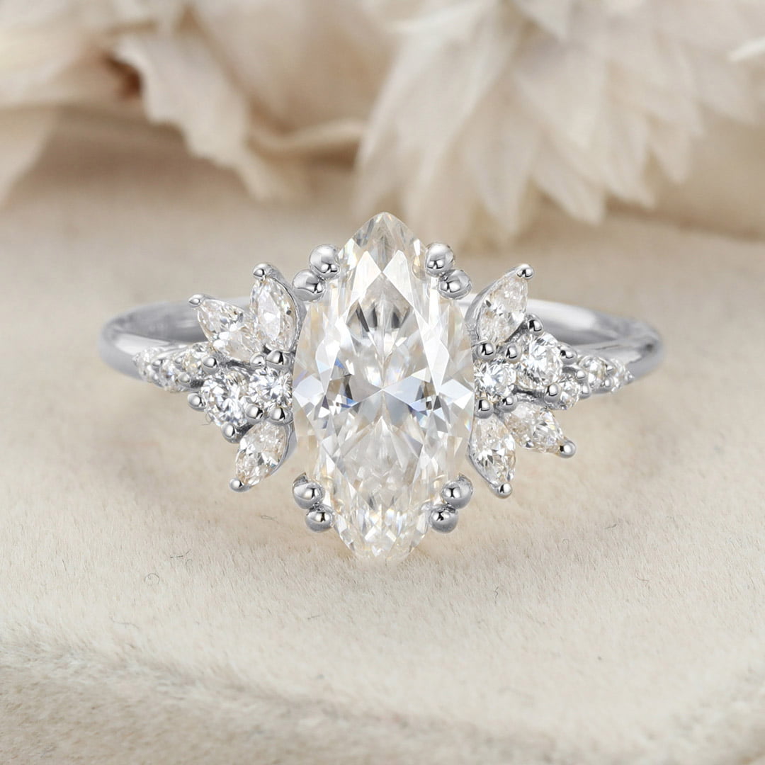 2.0CT Marquise Moissanite Engagement Ring Unique Cluster Diamond Wedding Band 14K Solid Gold
