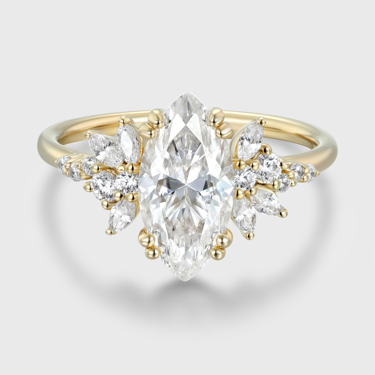 Marquise Moissanite Engagement Ring Unique Cluster Diamond Wedding Band 14K Yellow Gold