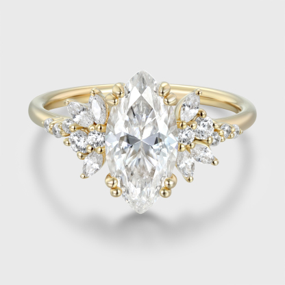 Marquise Moissanite Engagement Ring Unique Cluster Diamond Wedding Band 14K Yellow Gold