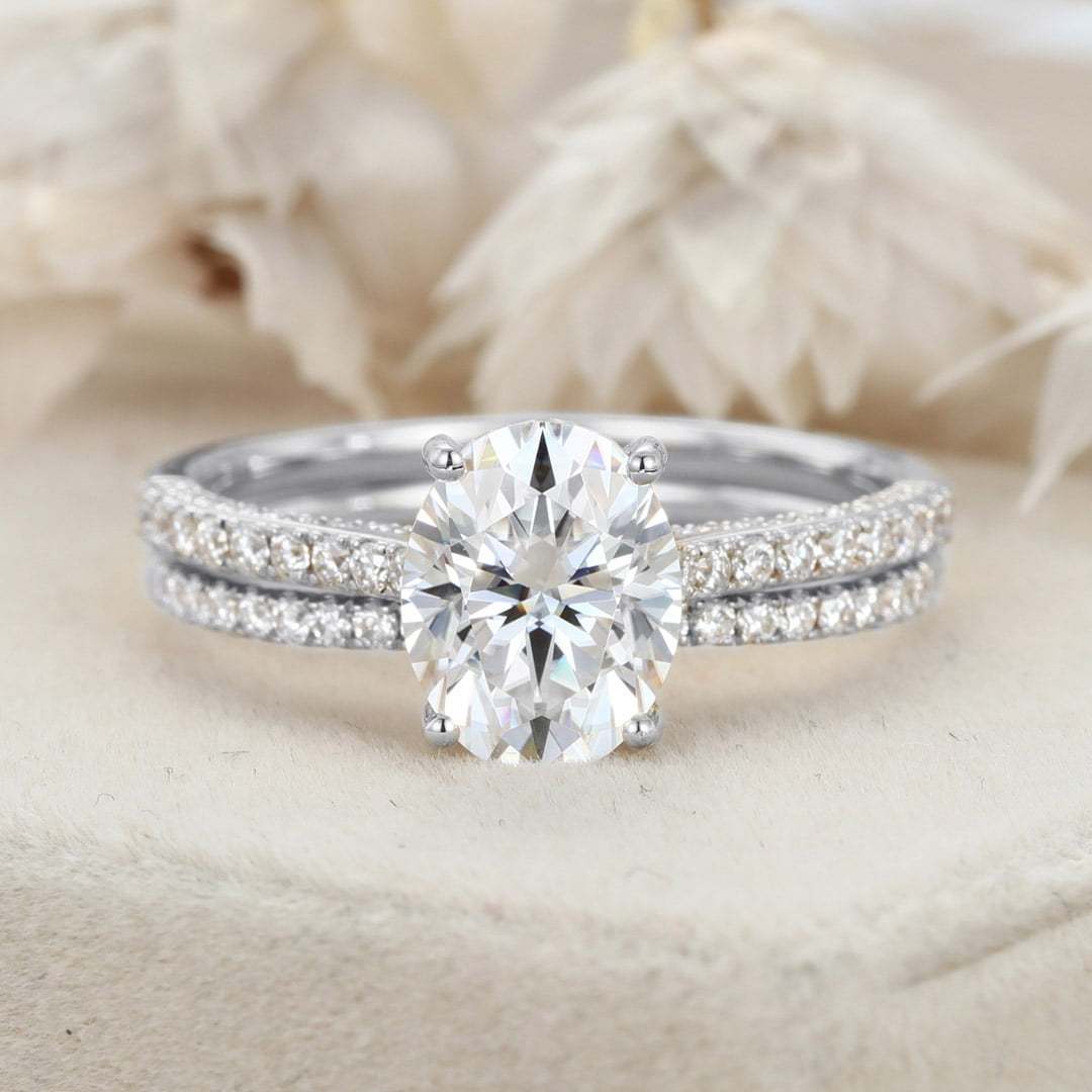 2.0CT Oval Cut Moissanite Engagement Ring Set Half Eternity Band Wedding Ring 14K Solid Gold