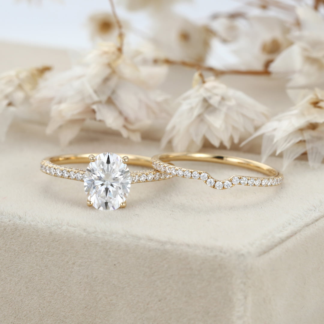 2.0CT Oval Cut Moissanite Engagement Ring Set Half Eternity Band Wedding Ring 14K Solid Gold