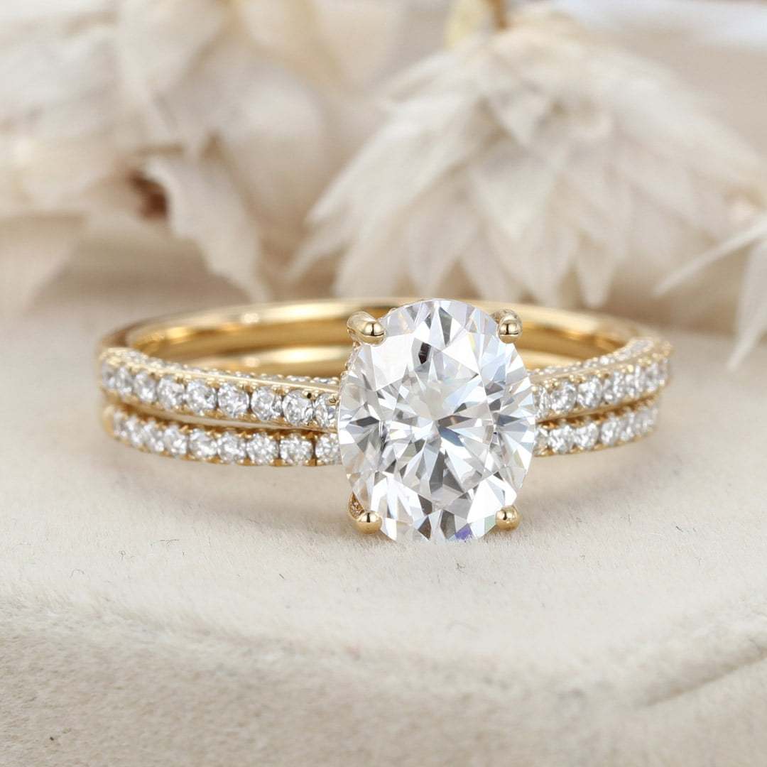 2.0CT Oval Cut Moissanite Engagement Ring Set Half Eternity Band Wedding Ring 14K Solid Gold