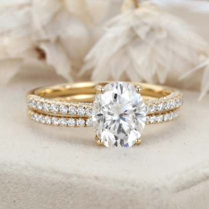 2.0CT Oval Cut Moissanite Engagement Ring Set Half Eternity Band Wedding Ring 14K Solid Gold