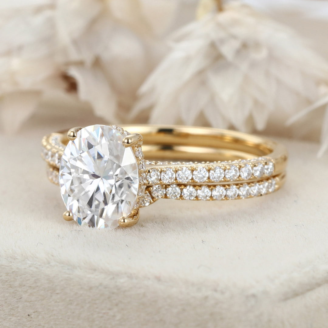 2.0CT Oval Cut Moissanite Engagement Ring Set Half Eternity Band Wedding Ring 14K Solid Gold