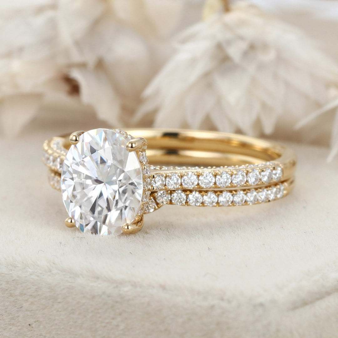 2.0CT Oval Cut Moissanite Engagement Ring Set Half Eternity Band Wedding Ring 14K Solid Gold