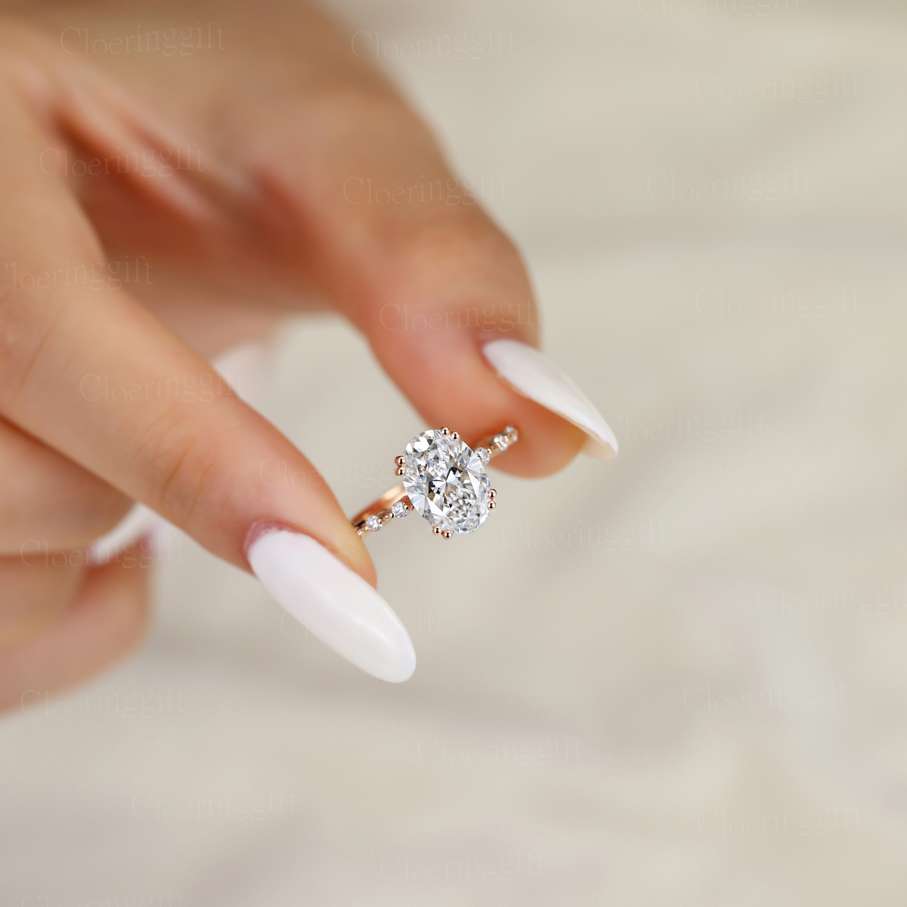 2.0Ct Oval Cut Lab Grown Diamond Engagement Ring Side Round Diamonds Wedding Ring For Her