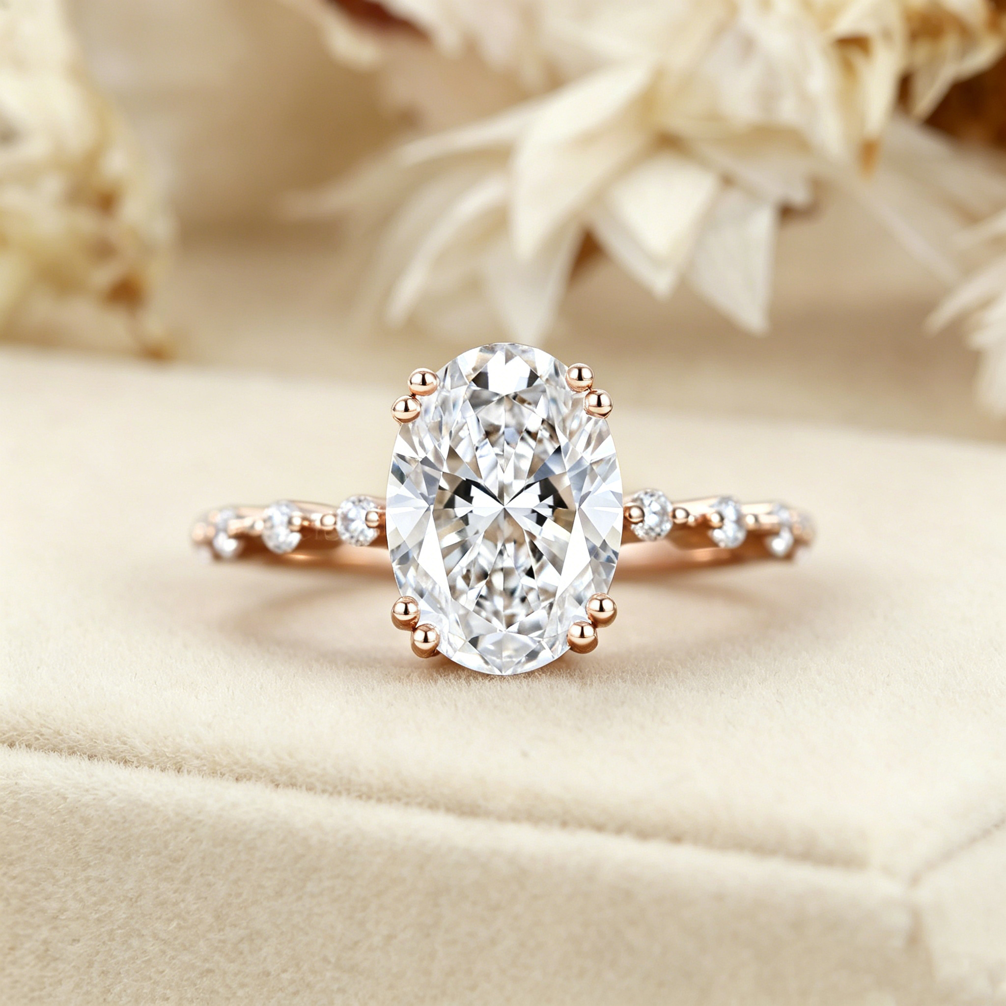 2.0Ct Oval Cut Lab Grown Diamond Engagement Ring Side Round Diamonds Wedding Ring For Her