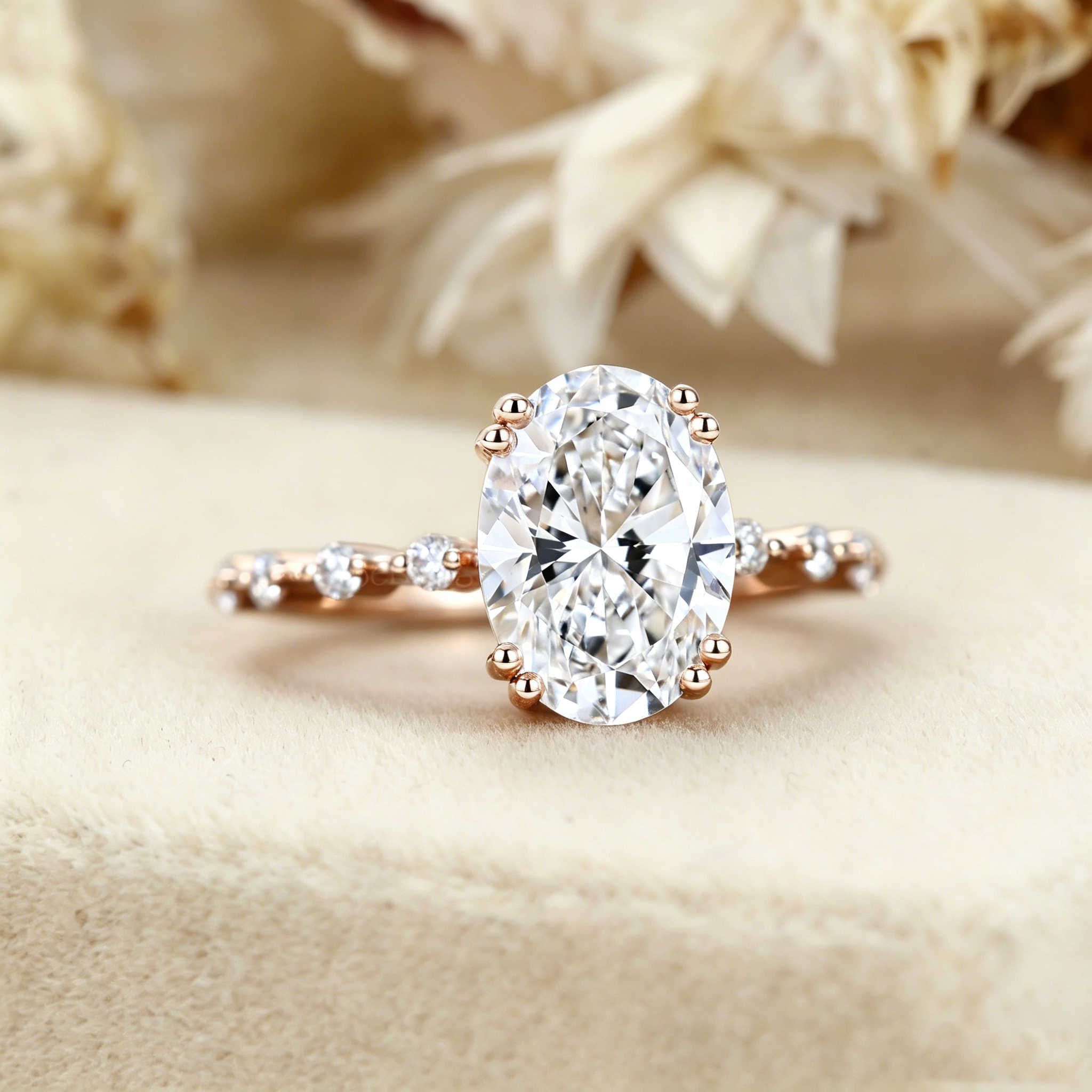 2.0Ct Oval Cut Lab Grown Diamond Engagement Ring Side Round Diamonds Wedding Ring For Her
