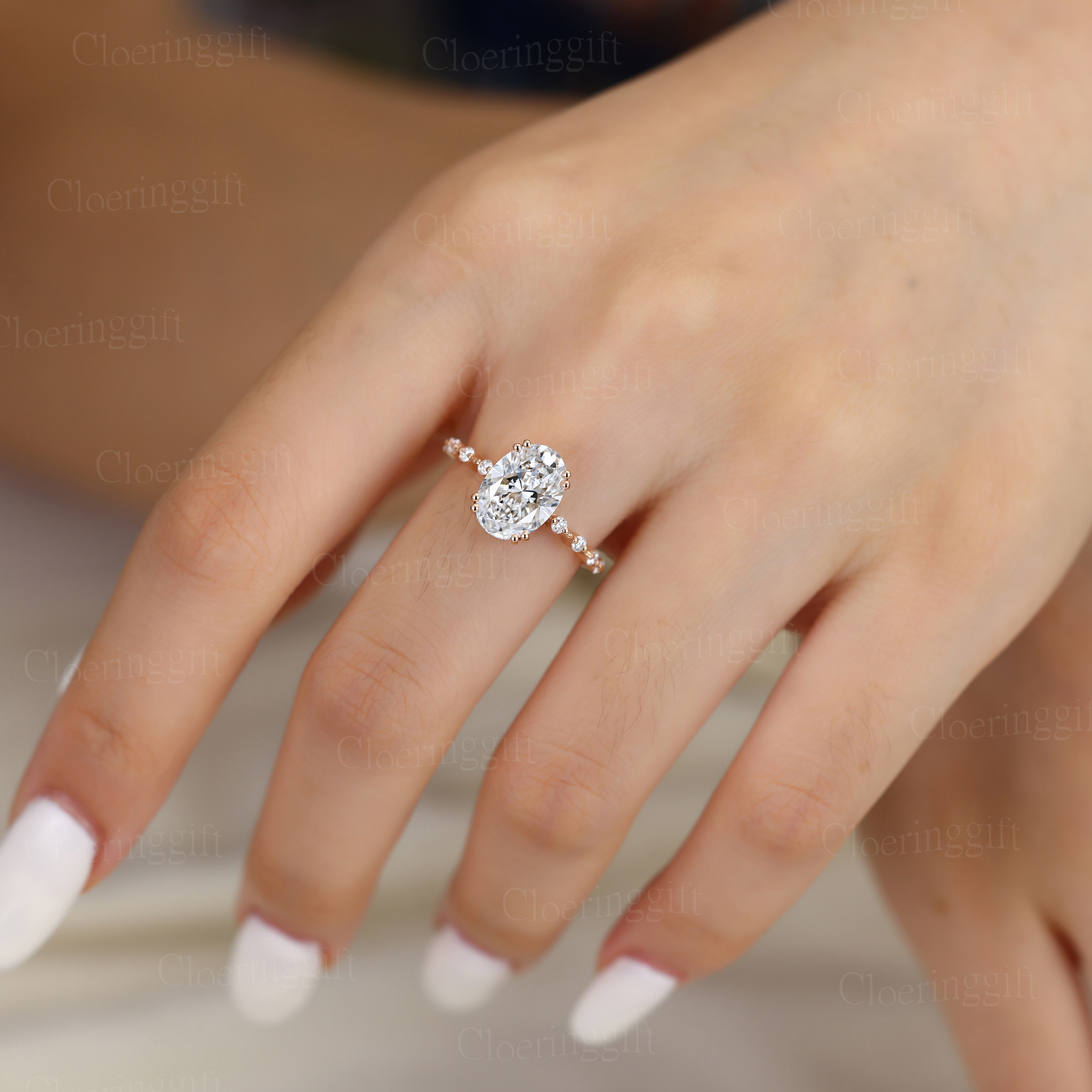 2.0Ct Oval Cut Lab Grown Diamond Engagement Ring Side Round Diamonds Wedding Ring For Her