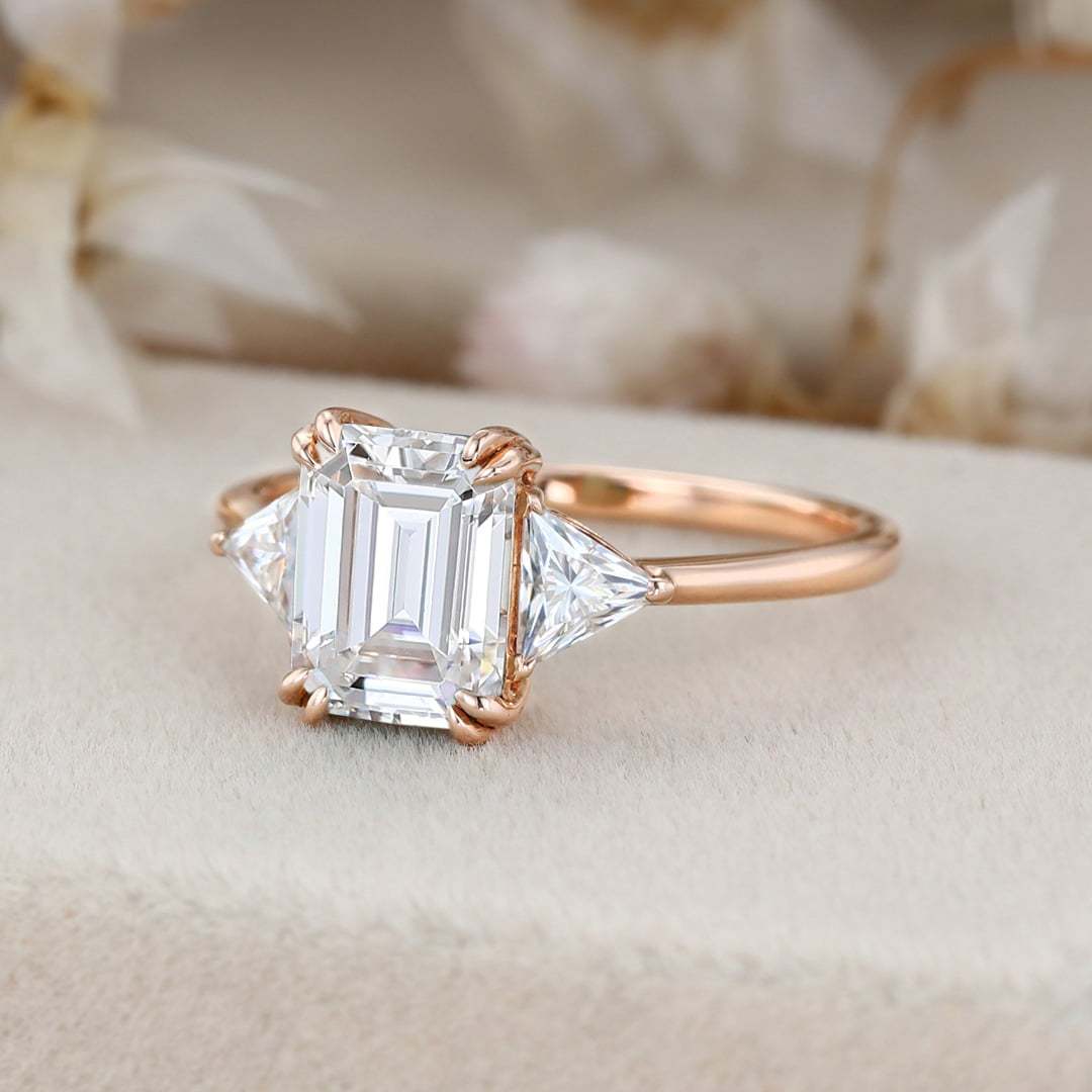 1.5ct Emerald cut Moissanite engagement ring Rose gold engagement ring Vintage triangle moissanite ring diamond ring Bridal promise Anniversary